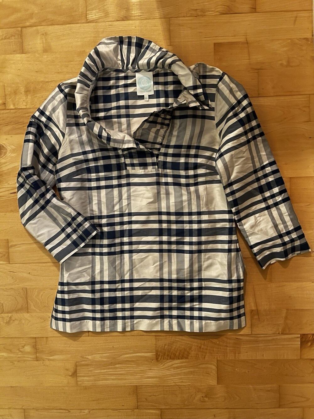 Devon Baer Black Watch Plaid Blouse Cream Black 3/4 Sleeve Silk Top XS NWOT